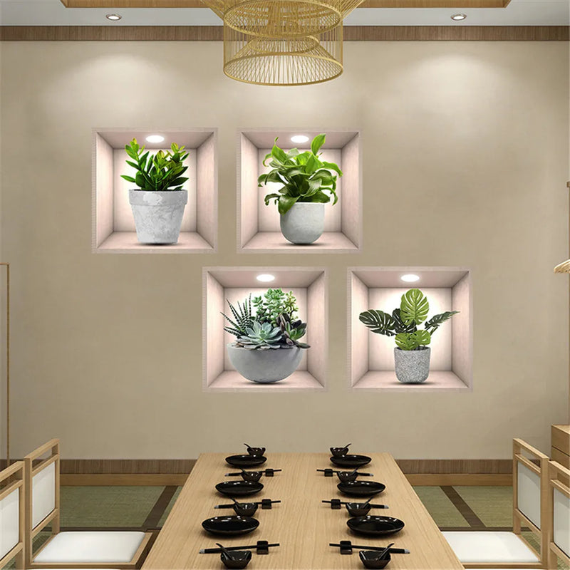 Vinyl Decal Bonsai Wall Sticker Poster  Removable 3D Green Leaves Plant Wallpaper Peel And Stick for Kitchen Living Room Decor