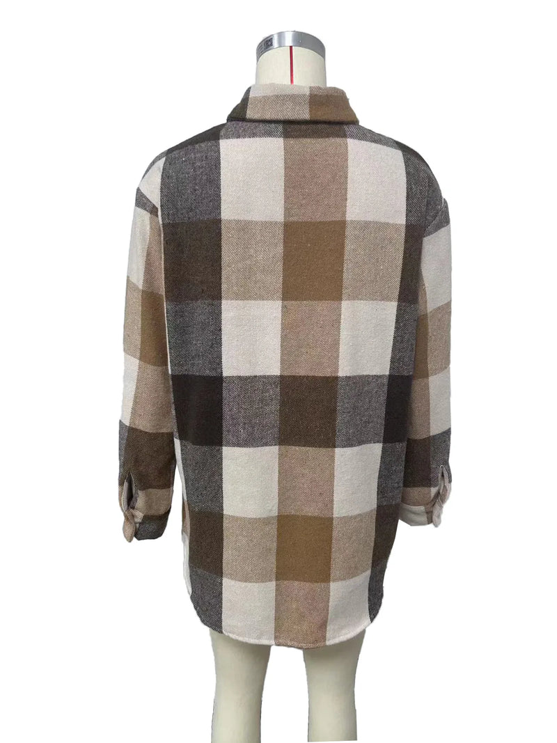 Women’s Flannel Plaid Shirt Jacket – Long Sleeve Lapel Button-Down Shacket for Autumn