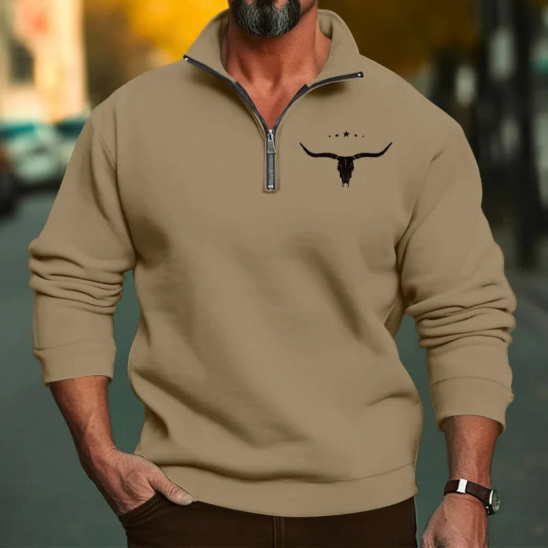 Men’s Winter Fleece Half-Zip Hoodie – Warm Stand Collar Bull Print Sweatshirt
