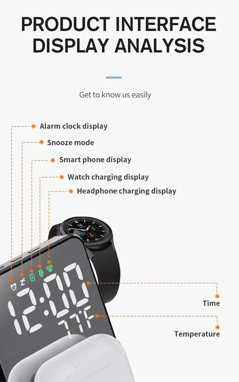 3 in 1 Wireless Charger For Samsung Galaxy Watch 6 5 Pro Fast Charging Station For Galaxy S24 S23 S22 Alarm Clock Chargers Stand