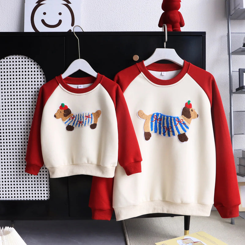 Funny Red Sweatshirts for The Whole Family Matching Clothes Father Mother and Son Daughter Cute Dog Print Tops Newborn Bodysuit