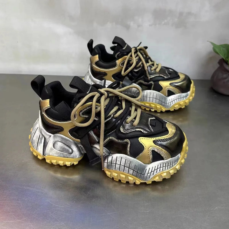 Chunky Sneakers Men Designer Mountaineering Shoes Fashion Casual Leather Fabric Breathable Height Increased Platform Sport Shoes