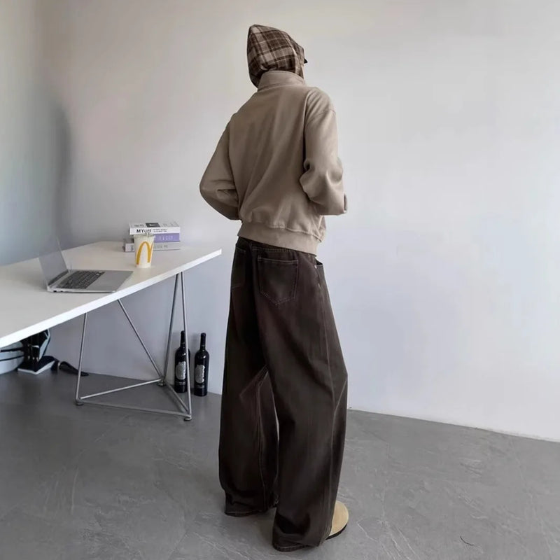 Men’s Vintage Distressed Jeans – Relaxed Straight Wide Leg Casual Denim Trouser