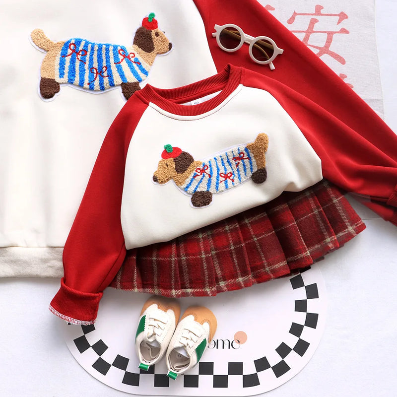 Funny Red Sweatshirts for The Whole Family Matching Clothes Father Mother and Son Daughter Cute Dog Print Tops Newborn Bodysuit