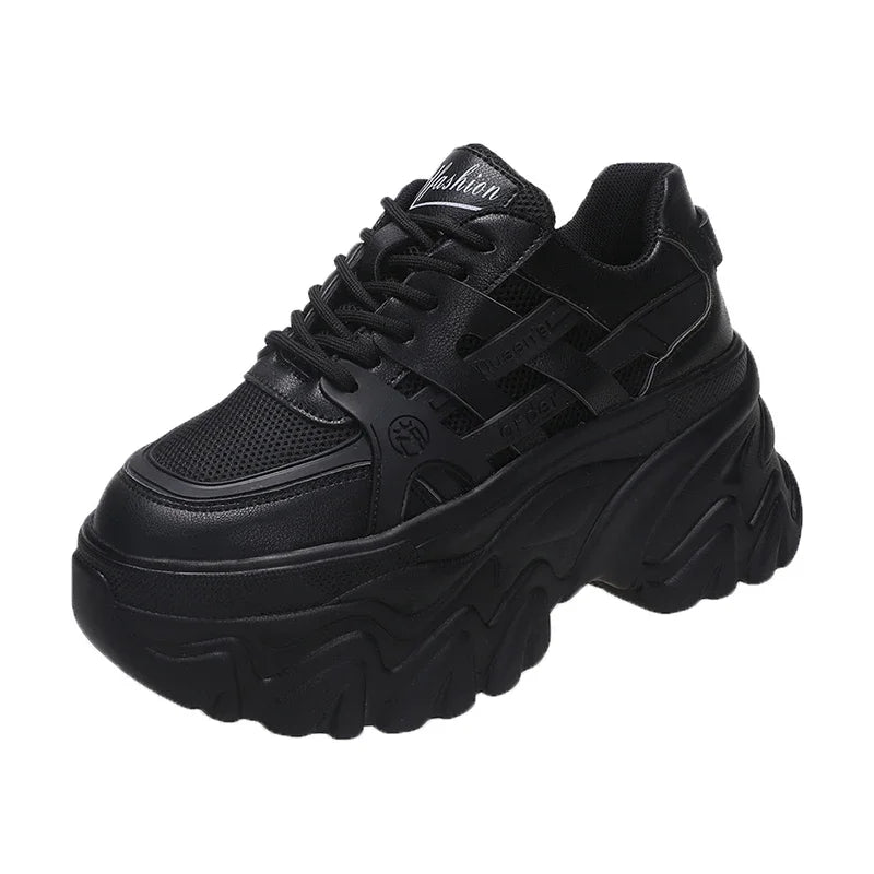 White Chunky Sneakers Women New 2025 Autumn Hidden Heel Platform Sports Dad Shoes Woman Lace Up Breathable Mesh Casual Shoes 8CM