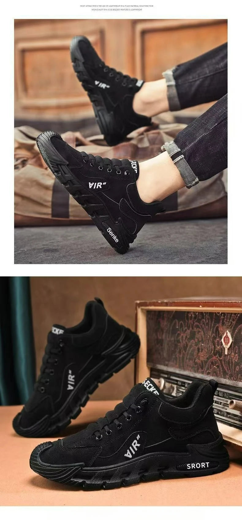 Men Chunky Sports Sneakers Spring Fashion Slip-on Men Casual Shoes Leather Waterproof Work Shoes for Men Anti-Slip Platform Shoe