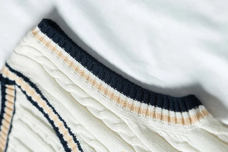 Men’s Thick Knit Sweater Vest – Striped V-Neck Sleeveless Pullover, Retro Preppy Casual Style