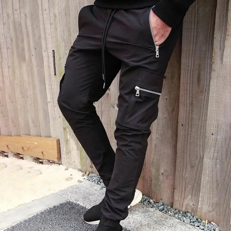 Mens Cargo Pants Zipper Pockets Jogger Running Hip Hop Streetwear Slim Sport Trousers Male Training Workout Fitness Sweatpants