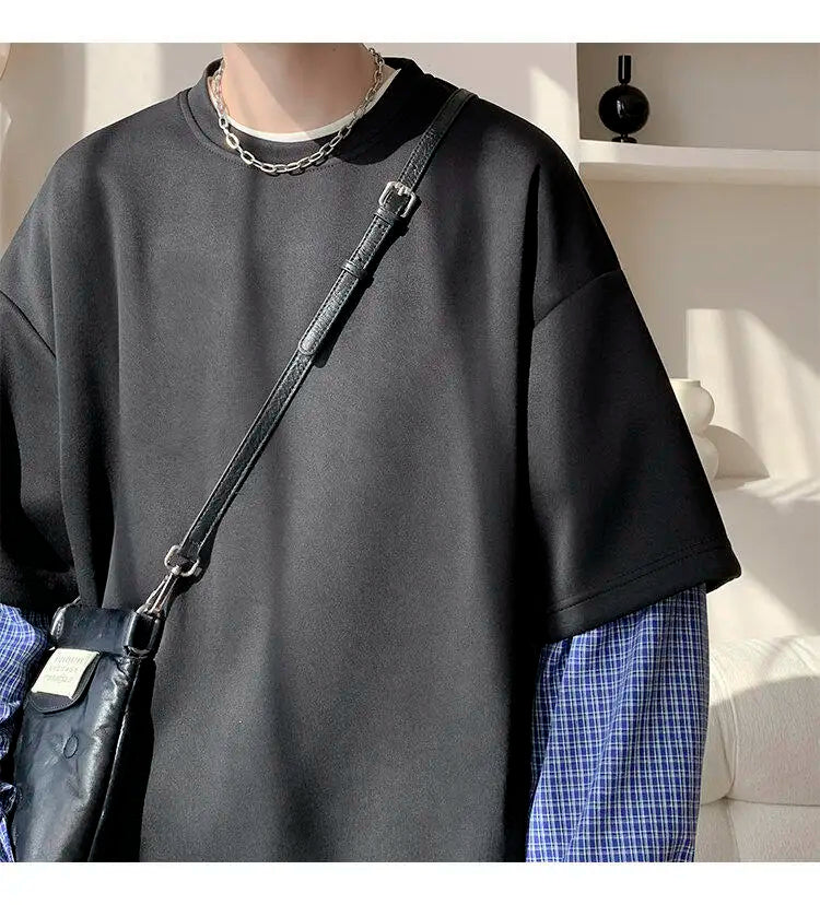 Fashion Oversized Solid Color Fake Two-Piece Hoodie with Checkered Sleeves Trendy Plus Size Pullover for Men and Women Autumn