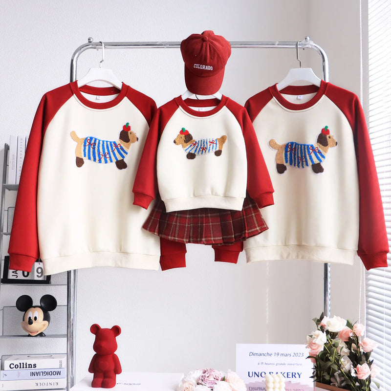 Funny Red Sweatshirts for The Whole Family Matching Clothes Father Mother and Son Daughter Cute Dog Print Tops Newborn Bodysuit