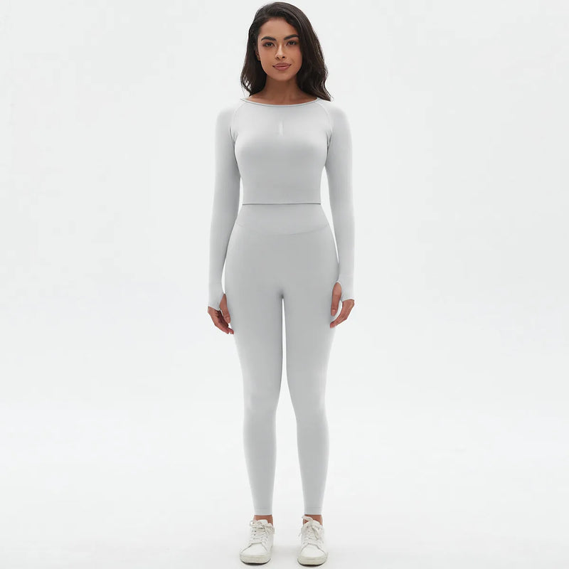 Seamless Two Piece Sets Womens Outifits Long Sleeve Gym Fitess Sport Set Yoga Leggings Matching Sets Exercise Tracksuits Female