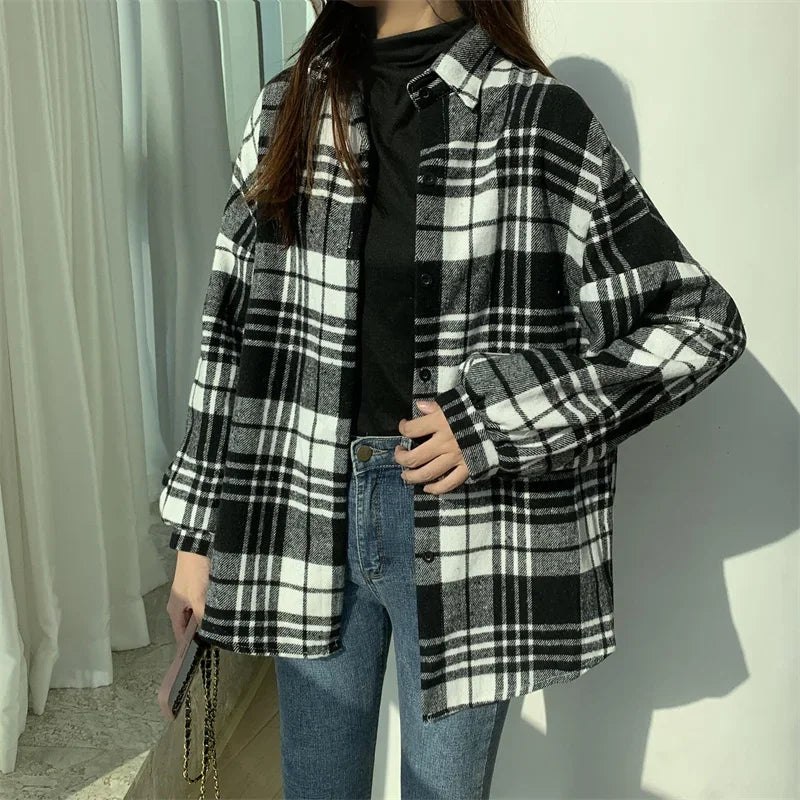 Women’s Oversized Flannel Plaid Shirt – Long Sleeve Button-Down Check Shacket for Autumn & Winter