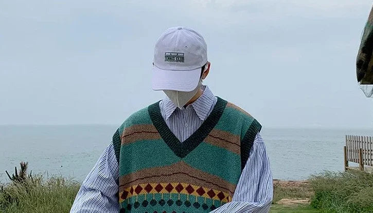 Tatiana Haven Men’s Printed Knit Sweater Vest – V-Neck Casual Korean-Style Fashion Waistcoat for Autumn & Winter