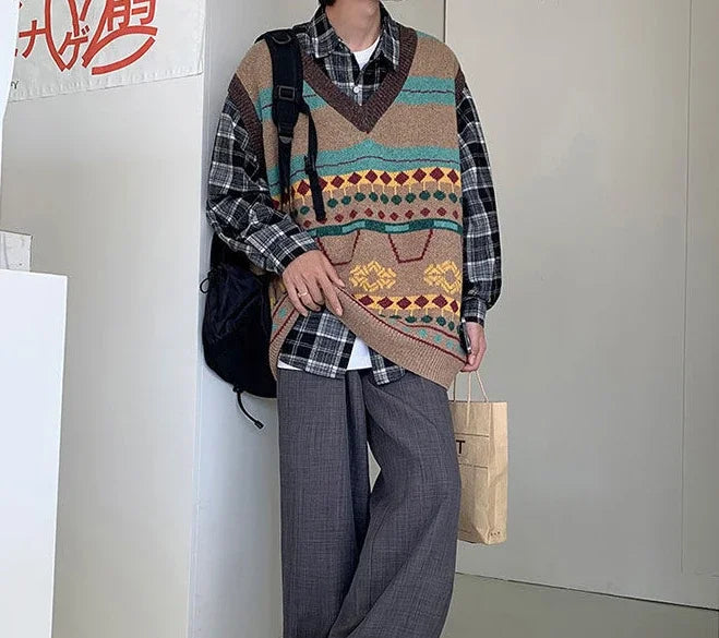 Tatiana Haven Men’s Printed Knit Sweater Vest – V-Neck Casual Korean-Style Fashion Waistcoat for Autumn & Winter