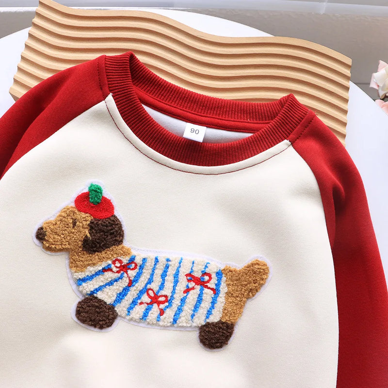 Funny Red Sweatshirts for The Whole Family Matching Clothes Father Mother and Son Daughter Cute Dog Print Tops Newborn Bodysuit