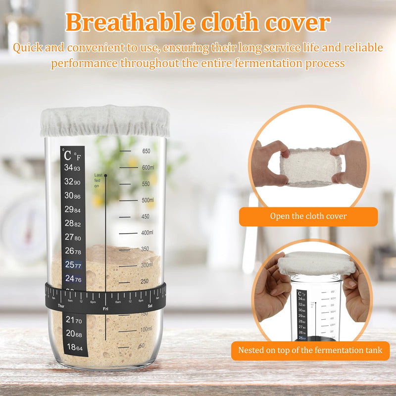 7 Pcs Sourdough Starter Kit Sourdough Starter Accessories Kit with Cloth Covers Temperature and Date Marked Feeding Bands