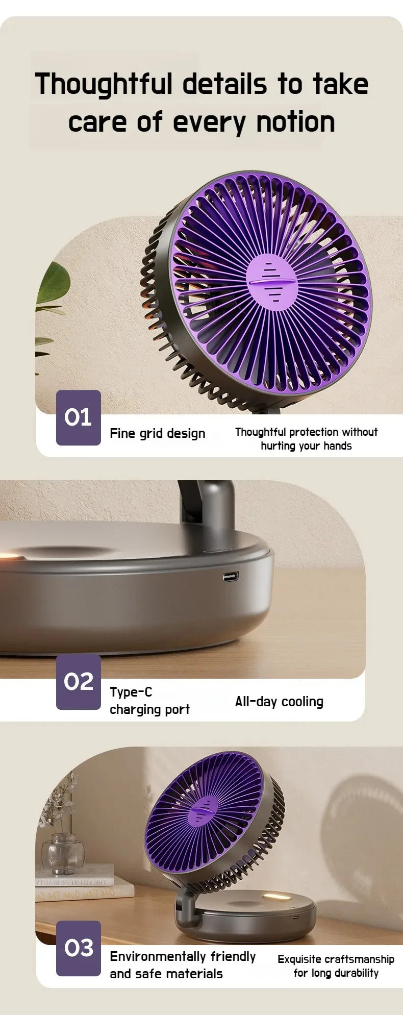 Foldable Desktop Fan Mini  Wall-Mounted Fan With Warm Night Light Rechargeable 4 Gears Adjustable Portable Air Circulation Fan