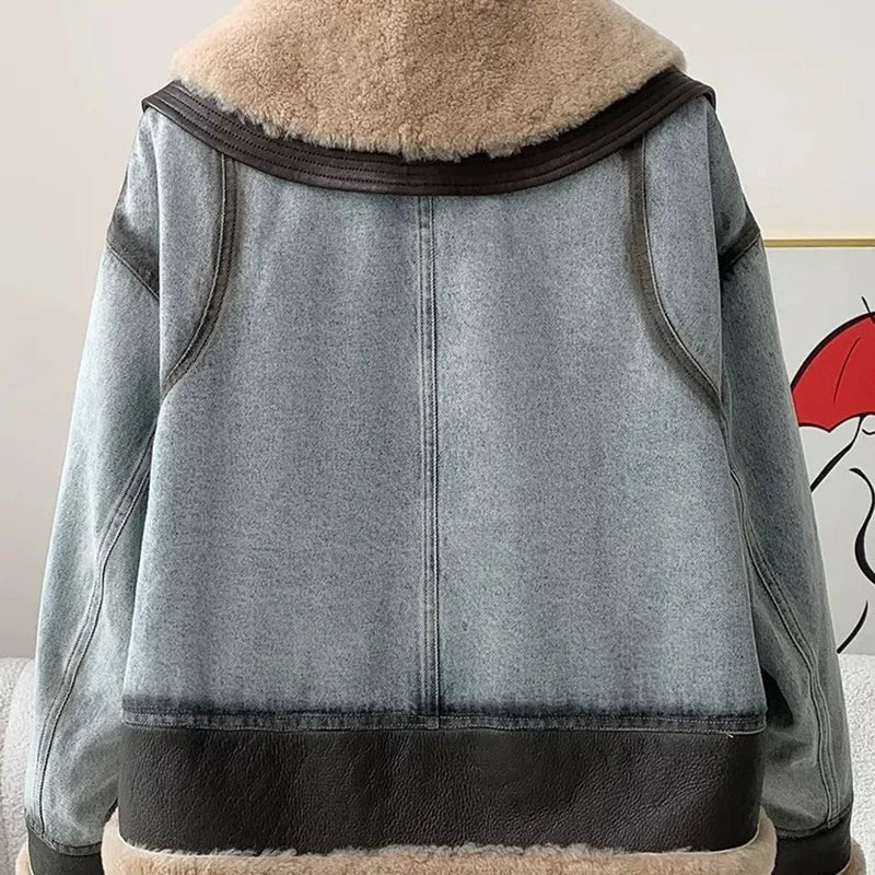 High Quality Denim Women’s Winter Jackets With Natural Sheep Leather with Fur Collar White Goose Down Liningm