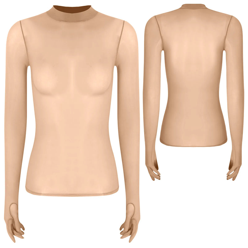 Adult Women Sheer Mesh Ultra Thin Crop Top Long Sleeve Mock Neck Translucent Gloved Tops for Base Shirt Lingerie Role Play Tops