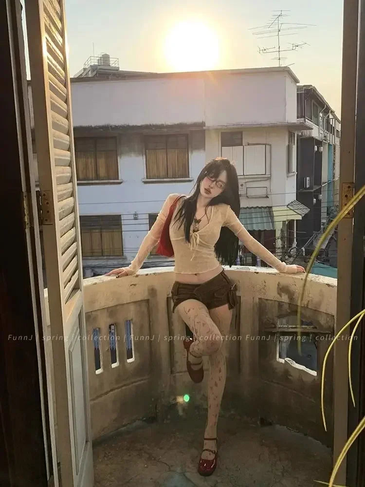 Coquette Aesthetic Mesh T Shirts Women Vintage V Neck Lace Bow Cropped Tops Y2k Sexy Slim Fit Long Sleeve Tee Shirts