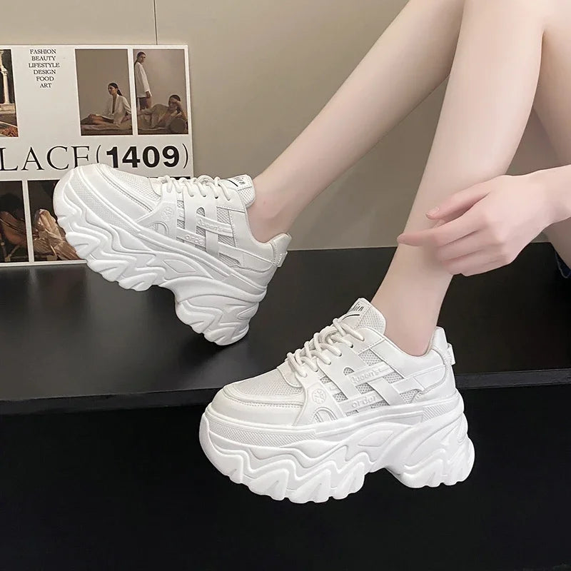 White Chunky Sneakers Women New 2025 Autumn Hidden Heel Platform Sports Dad Shoes Woman Lace Up Breathable Mesh Casual Shoes 8CM