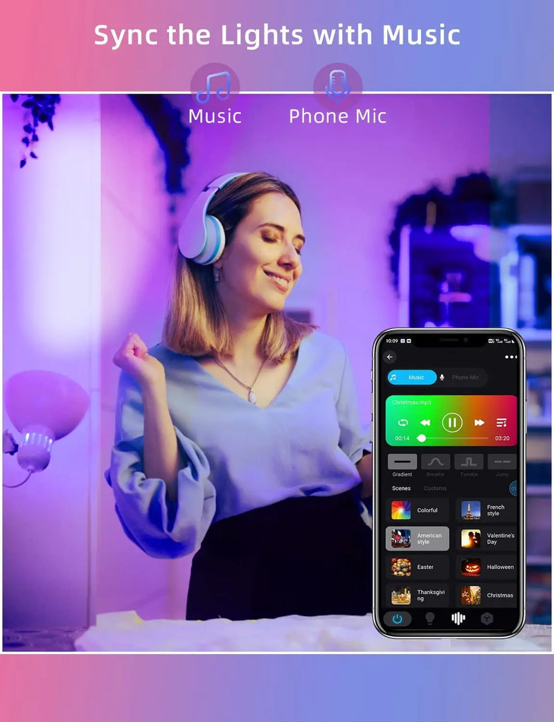 LED Smart Bulb A19 E26/E27 Color Changing LED Bulb with Music Synchronization WiFi and BLE 5.0 Dimmable RGB Smart Home Lighting