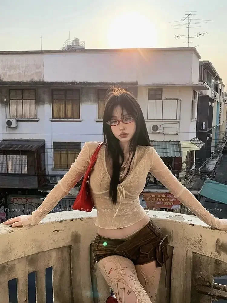 Coquette Aesthetic Mesh T Shirts Women Vintage V Neck Lace Bow Cropped Tops Y2k Sexy Slim Fit Long Sleeve Tee Shirts