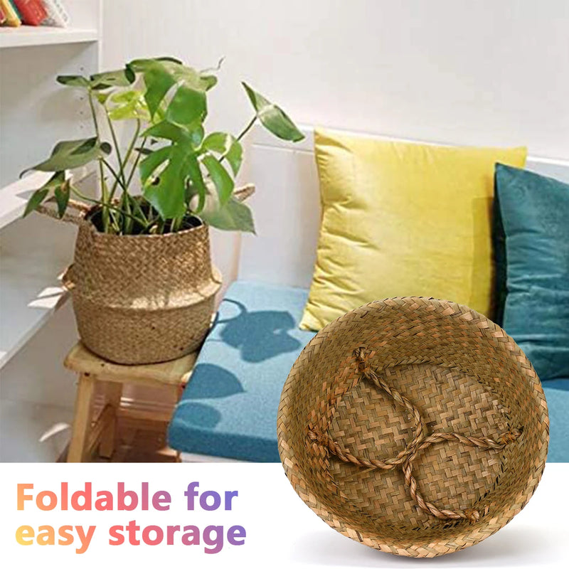 Woven Storage Basket Natural Seagrass Handmade Folding Clthoes Laundry Basket Straw Wicker Rattan Storage Flower Pot Beach Bag