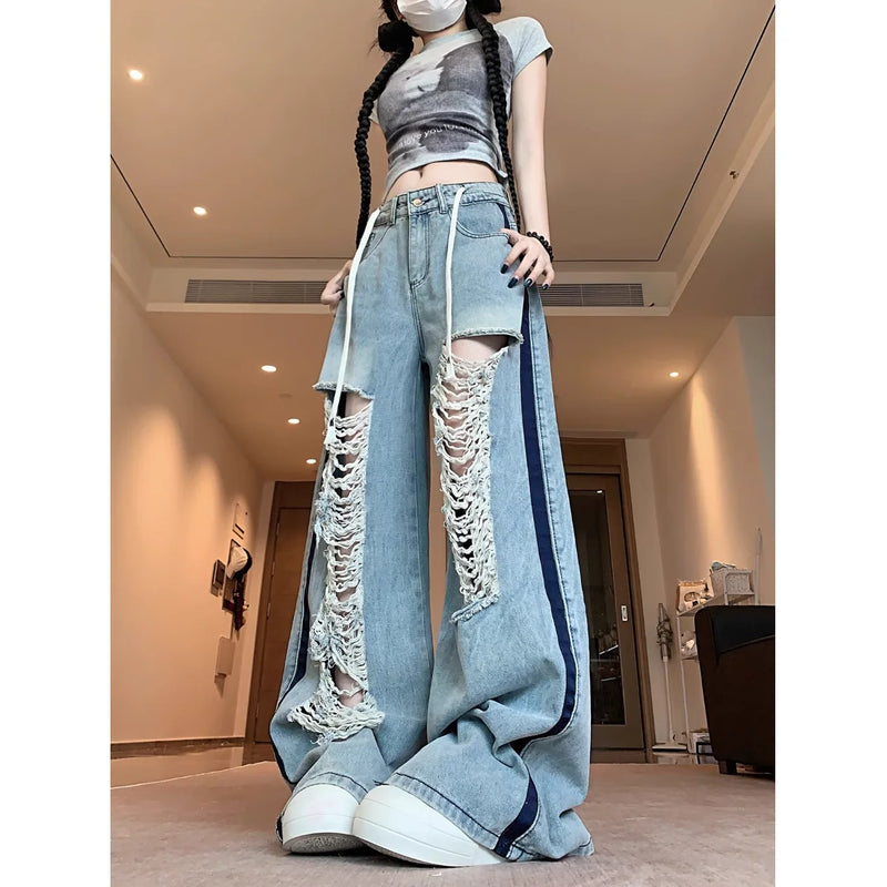 American ripped jeans with loose design, retro spicy girl blue lazy straight leg pants