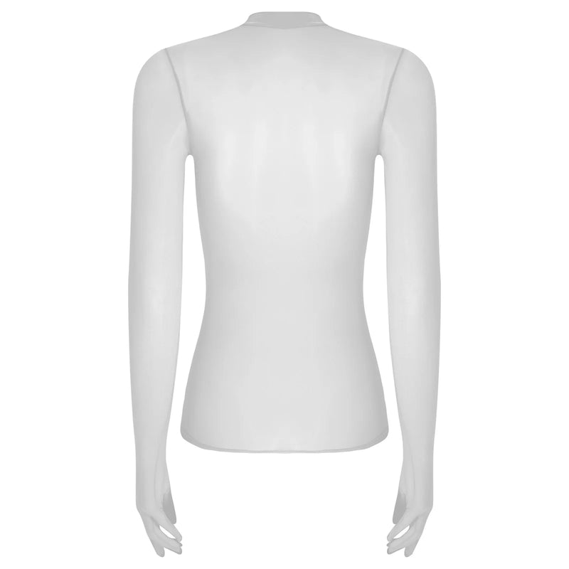Adult Women Sheer Mesh Ultra Thin Crop Top Long Sleeve Mock Neck Translucent Gloved Tops for Base Shirt Lingerie Role Play Tops
