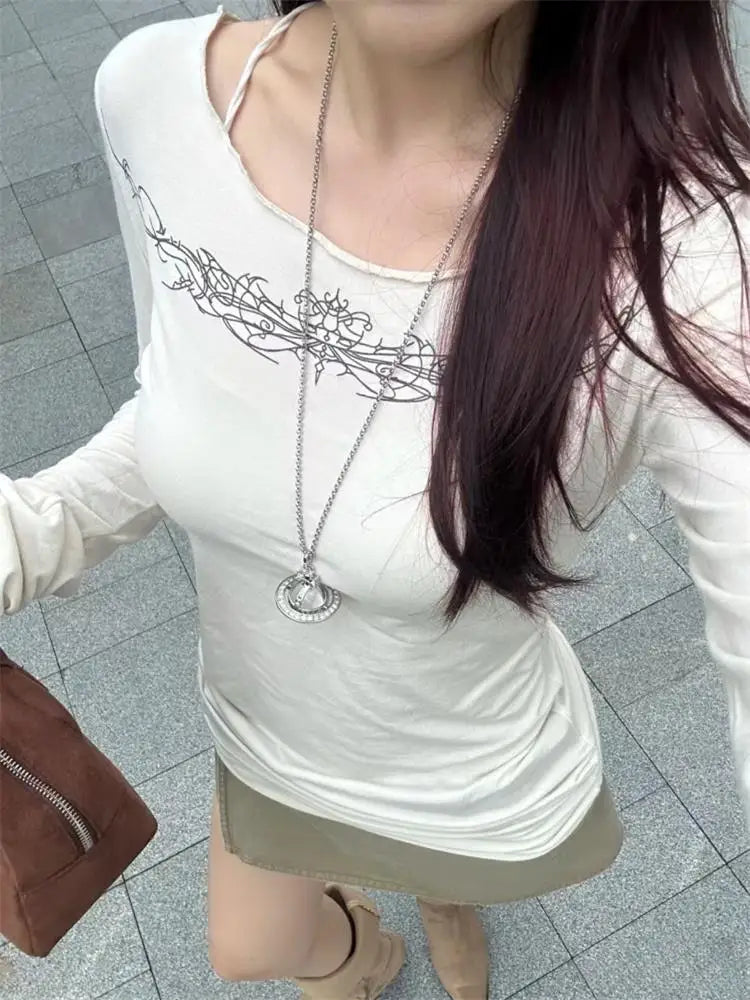 Y2k Gothic Print T-shirt Trashy 2000s Style Long Sleeve Tops Vintage Harajuku Streetwear American Retro T-shirts