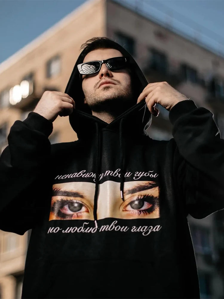Men’s Oversized Eye Graphic Hoodie – Thick Winter Harajuku Streetwear Pullover Y2K Style
