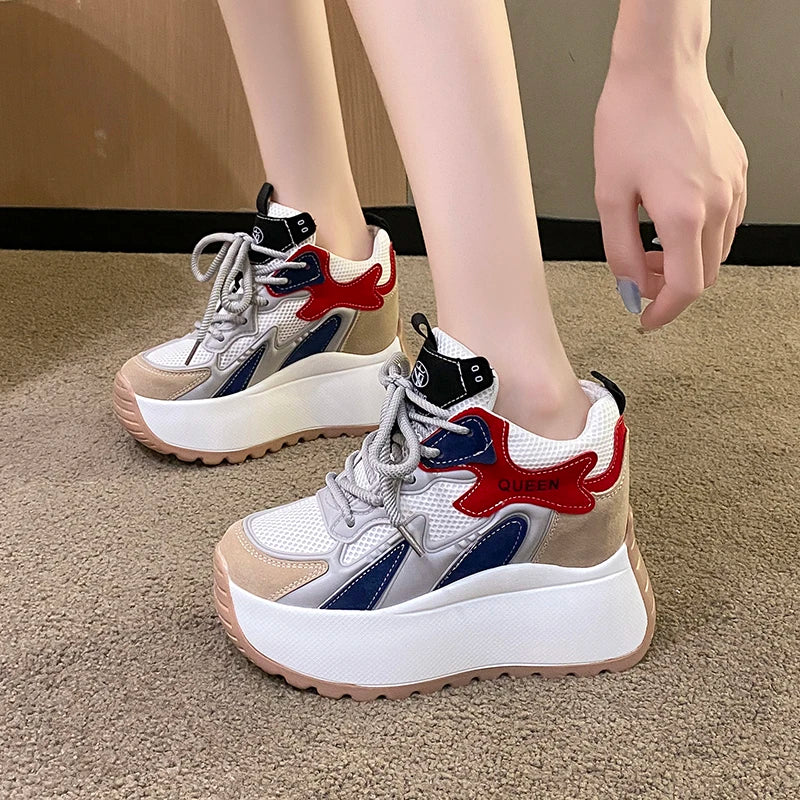 Women Chunky Sneakers 2025 Autumn Breathable Mesh Casual Shoes 11CM Wedge Heels Platform Shoes Chaussures Femme Sports Dad Shoes