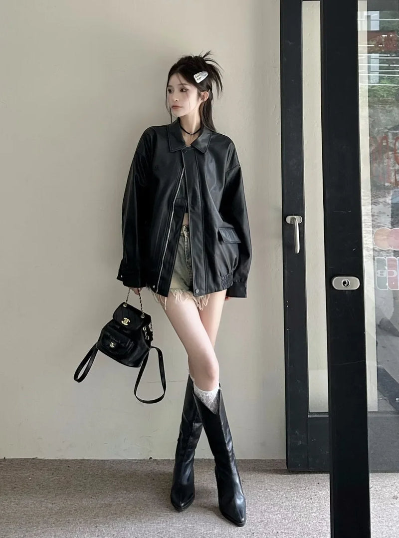 American Retro Solid Pu Jackets Women Autumn Sweet Cool Tops PU Baggy Cozy Turn-down Collar Zipper Fashion Stylish Temperament