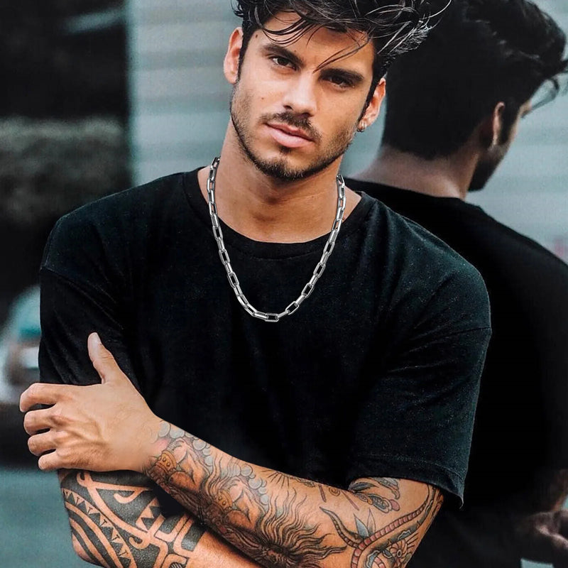 Chunky Rectangle Chain Necklaces for Men Boys,50/55/60 cm Stainless Steel Square Chain Collar,Cool Punk Jewelry Gifts