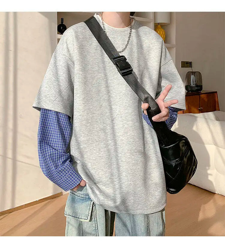 Fashion Oversized Solid Color Fake Two-Piece Hoodie with Checkered Sleeves Trendy Plus Size Pullover for Men and Women Autumn