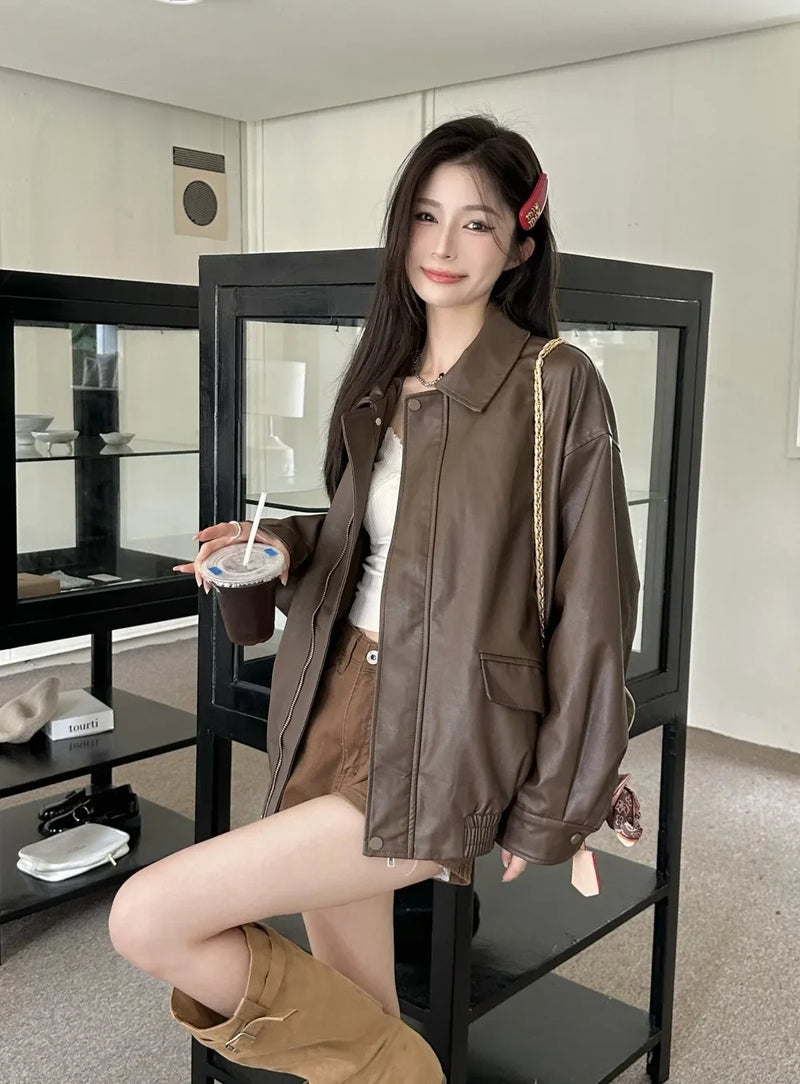 American Retro Solid Pu Jackets Women Autumn Sweet Cool Tops PU Baggy Cozy Turn-down Collar Zipper Fashion Stylish Temperament