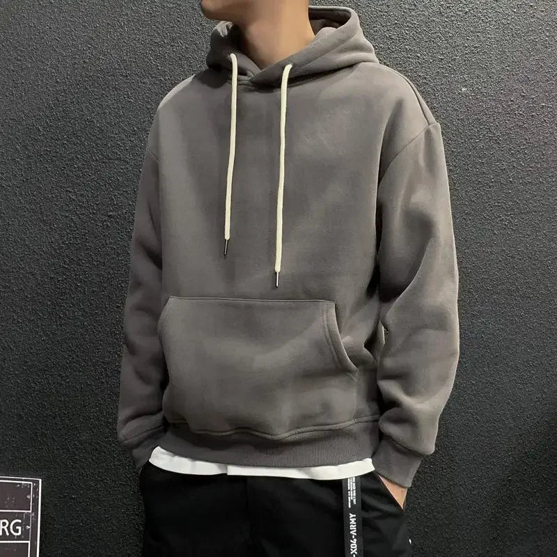 Men’s Fleeced Green Hoodie – Solid Casual Sweatshirt for Autumn and Winter