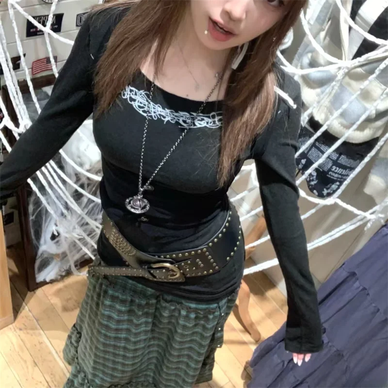 Y2k Gothic Print T-shirt Trashy 2000s Style Long Sleeve Tops Vintage Harajuku Streetwear American Retro T-shirts