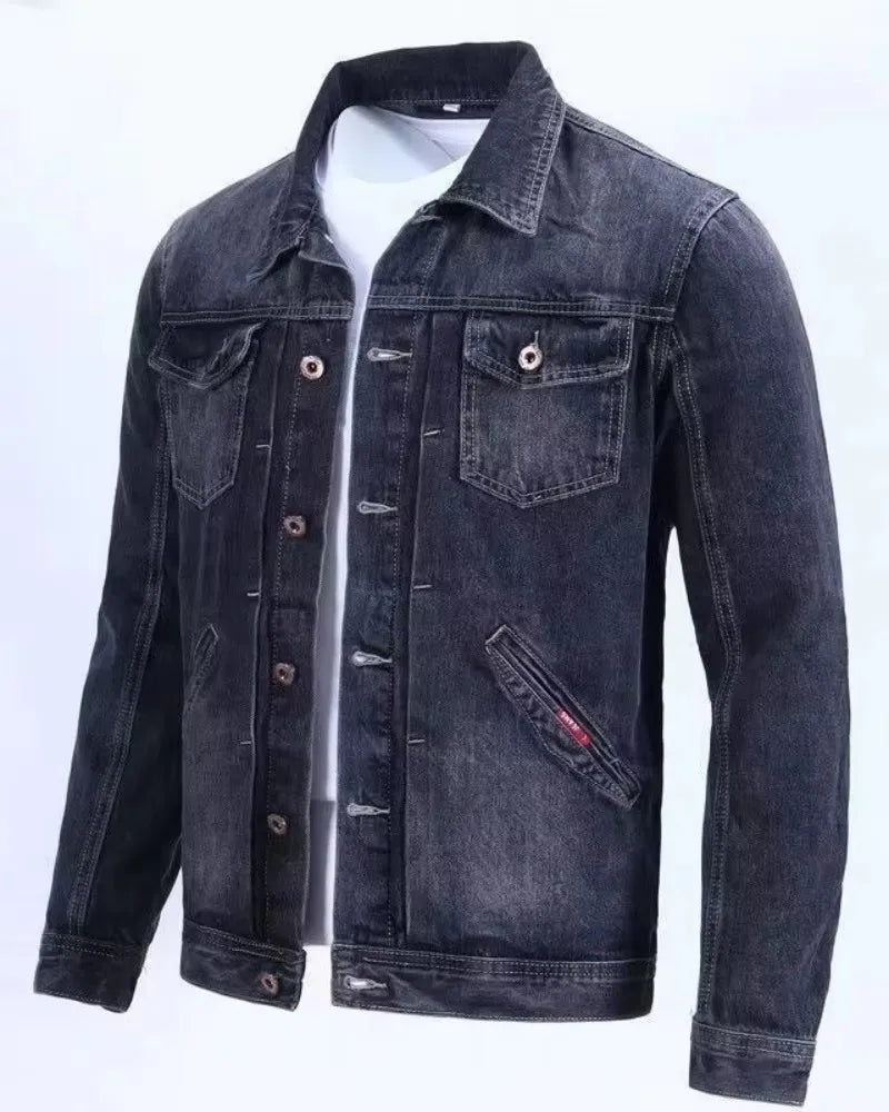 Men’s Retro Workwear Denim Jacket – Minimalist European Street Style Casual Zip-Up Coat