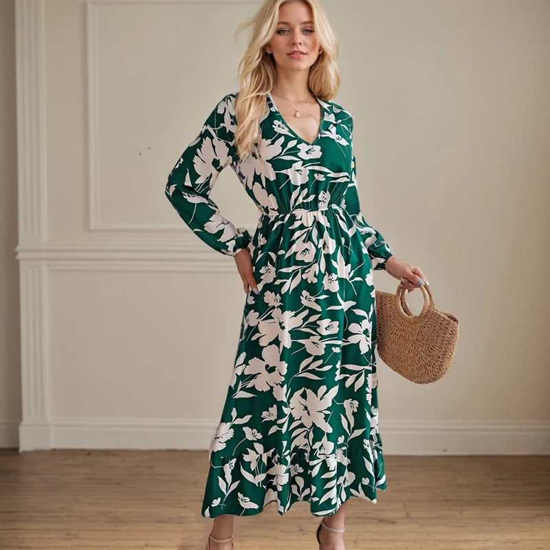 Casual Flower Waist Dress For Women Elegant V Neck Floral Print Long Sleeves High Tight Waist A-line Flowy Ruffle Hem Midi Dress