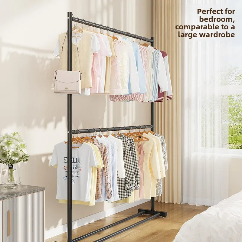 Double Layer Floor-Mounted Clothes Drng Ra Bedroom Balcony Single Rod Storage elf Space-Saving Easy-To-Use Painted Steel