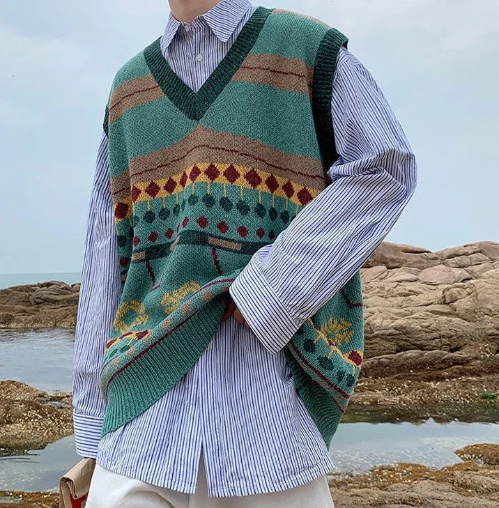 Tatiana Haven Men’s Printed Knit Sweater Vest – V-Neck Casual Korean-Style Fashion Waistcoat for Autumn & Winter
