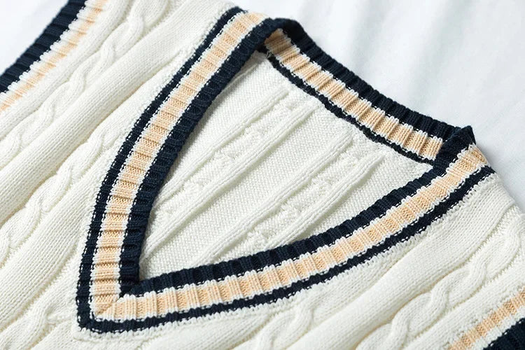 Men’s Thick Knit Sweater Vest – Striped V-Neck Sleeveless Pullover, Retro Preppy Casual Style