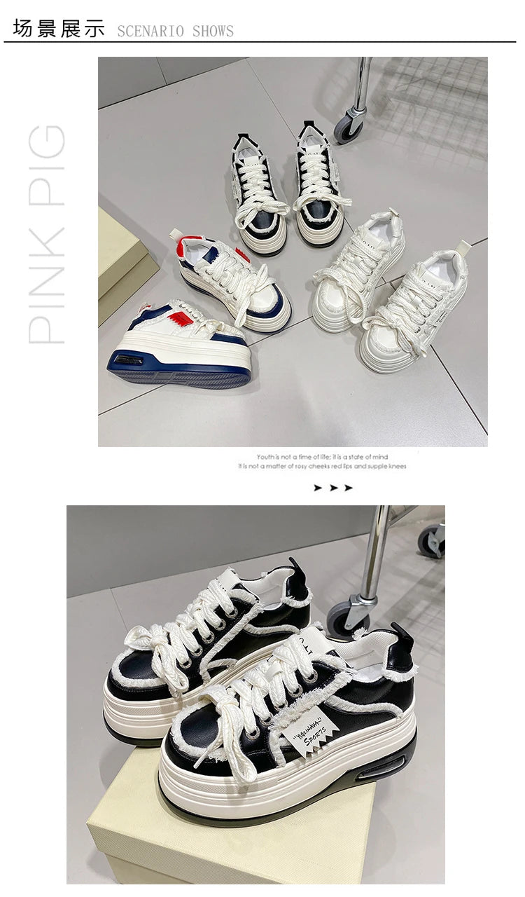 Fashion Chunky Sneakers Women Autumn Lace Up Platform Sports Shoes 8CM Thick Bottom High Heels Female Leather Sneakers Woman