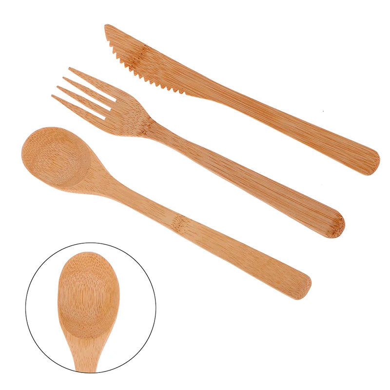 1 Set Bamboo Travel Cutlery Set Fork Knife Spoon Reusable Kitchen Tools Eco-Friendly Wood Bamboo Wooden Cutlery