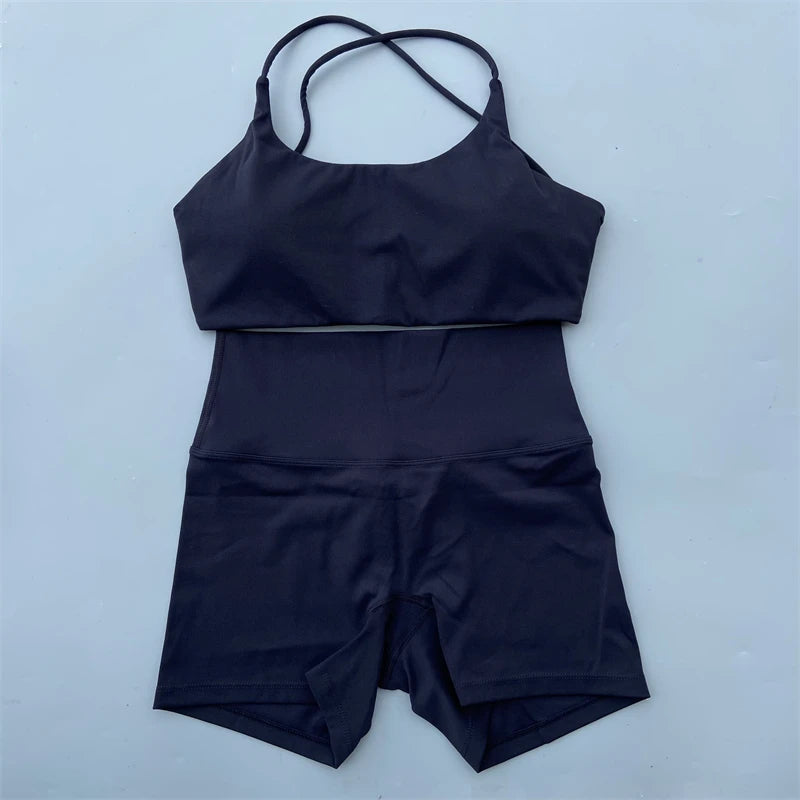 Yoga Shorts Set Gym Two Piece Sports Set Women Workout Outfit Fitness Suit Cross Straps Bra High Waist Shorts Running Tracksuit