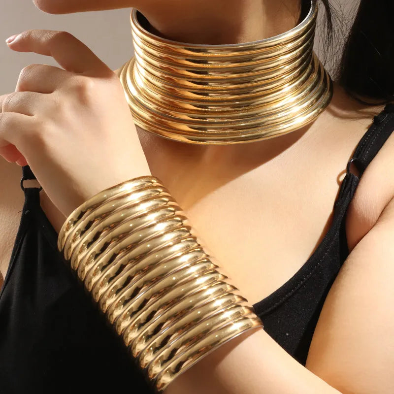 Fashion Golden Color Pu Leather Chunky Necklace Wide Bracelet Sets Punk Style Ethnic Style Jewelry Set For Women Party Accessory