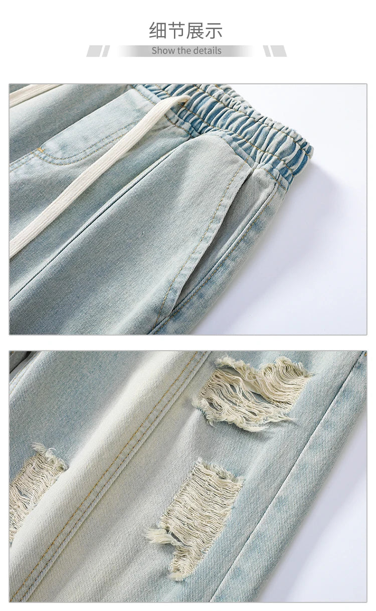 Men’s Summer Loose Ripped Jeans – Retro Straight-Leg Denim Pants with Drawstring Waist, Casual Streetwear Style