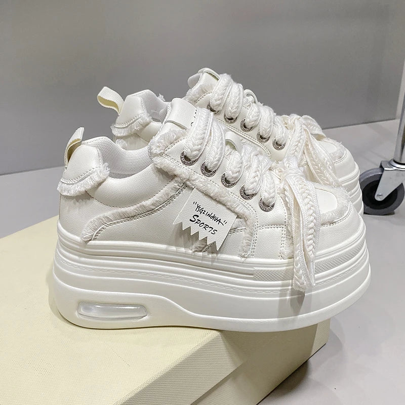 Fashion Chunky Sneakers Women Autumn Lace Up Platform Sports Shoes 8CM Thick Bottom High Heels Female Leather Sneakers Woman